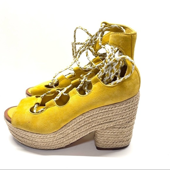 Tory Burch Positano Suede Lace-Up Sandals Heels Yellow - Picture 3 of 7